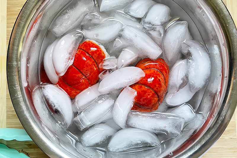 Horizontal image of cooked lobster tails in a bowl of ice water.