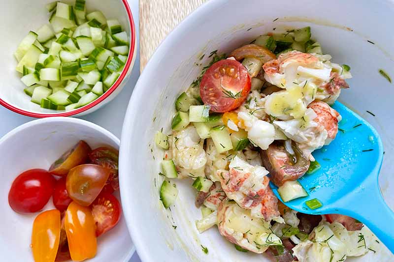Horizontal image of tossing together cooked lobster meat with dressing and prepped fresh vegetables in a white bowl with a blue spatula.