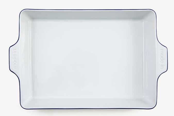 Horizontal top-down image of Made In's Navy Rimmed Baking Dish.
