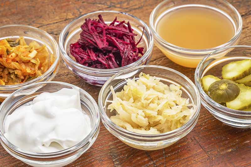 Horizontal image of assorted fermented foods in glass clear bowls on a wooden surface.