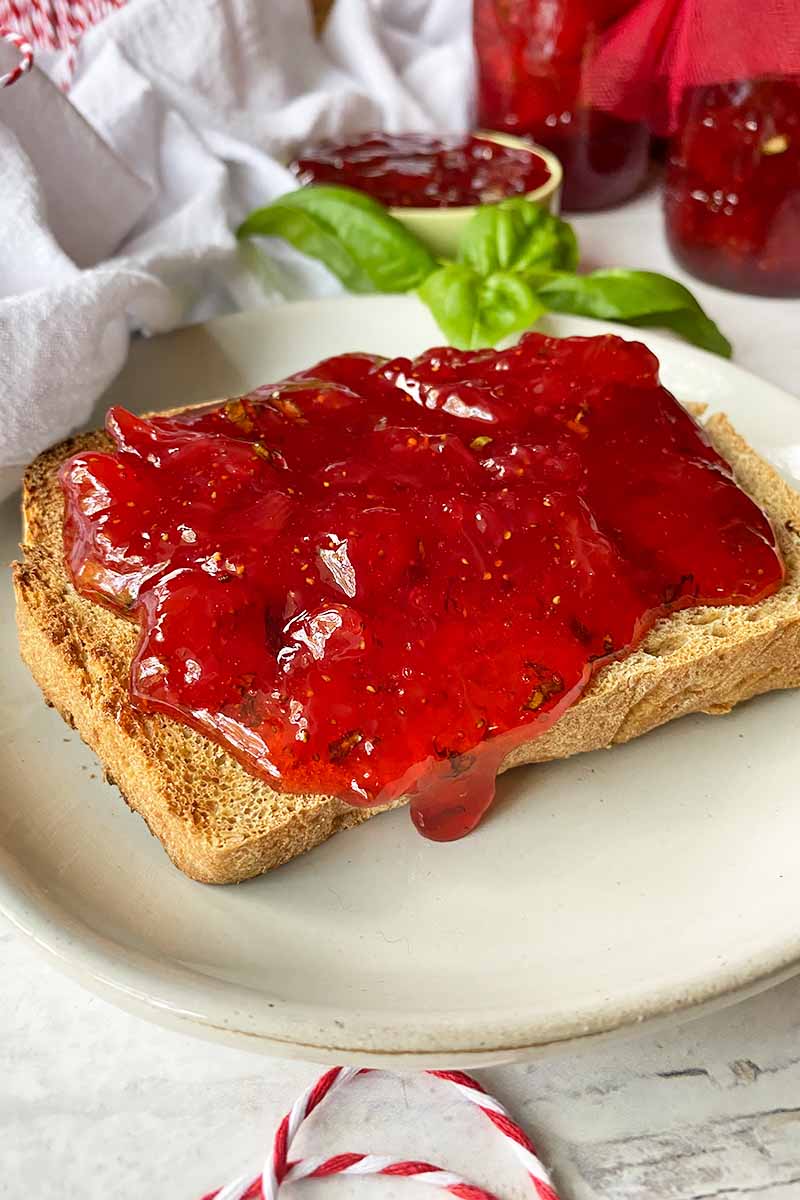 Vertical image of a thick layer of bright red spread on top of a piece of toast on a plate.