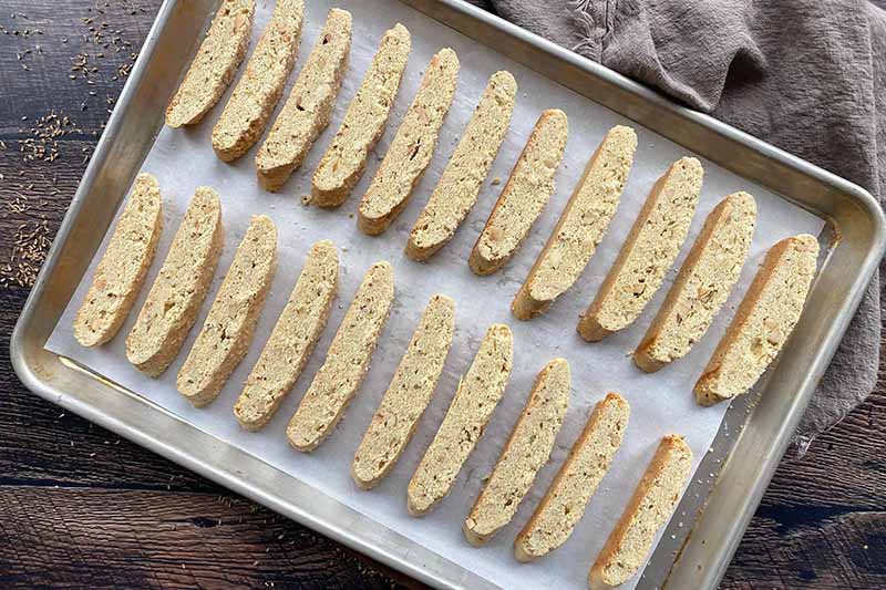 Horizontal image of two rows of biscotti on a lined baking sheet.