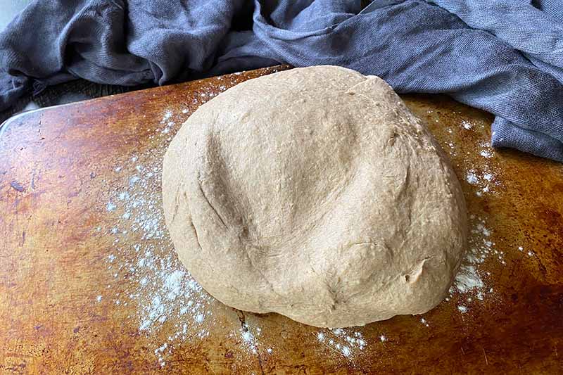 Horizontal image of a dense light brown dough on a weathered baking sheet.