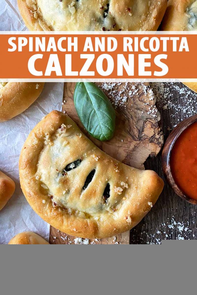 Vertical image of small half-moon savory pastries on a wooden board next to herbs and tomato sauce, with text on the top and bottom of the image.