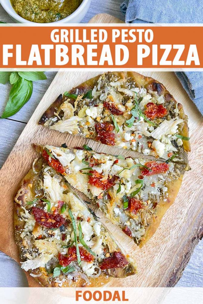 Vertical top-down image of a sliced flatbread pizza on a cutting board, with text on the top and bottom of the image.