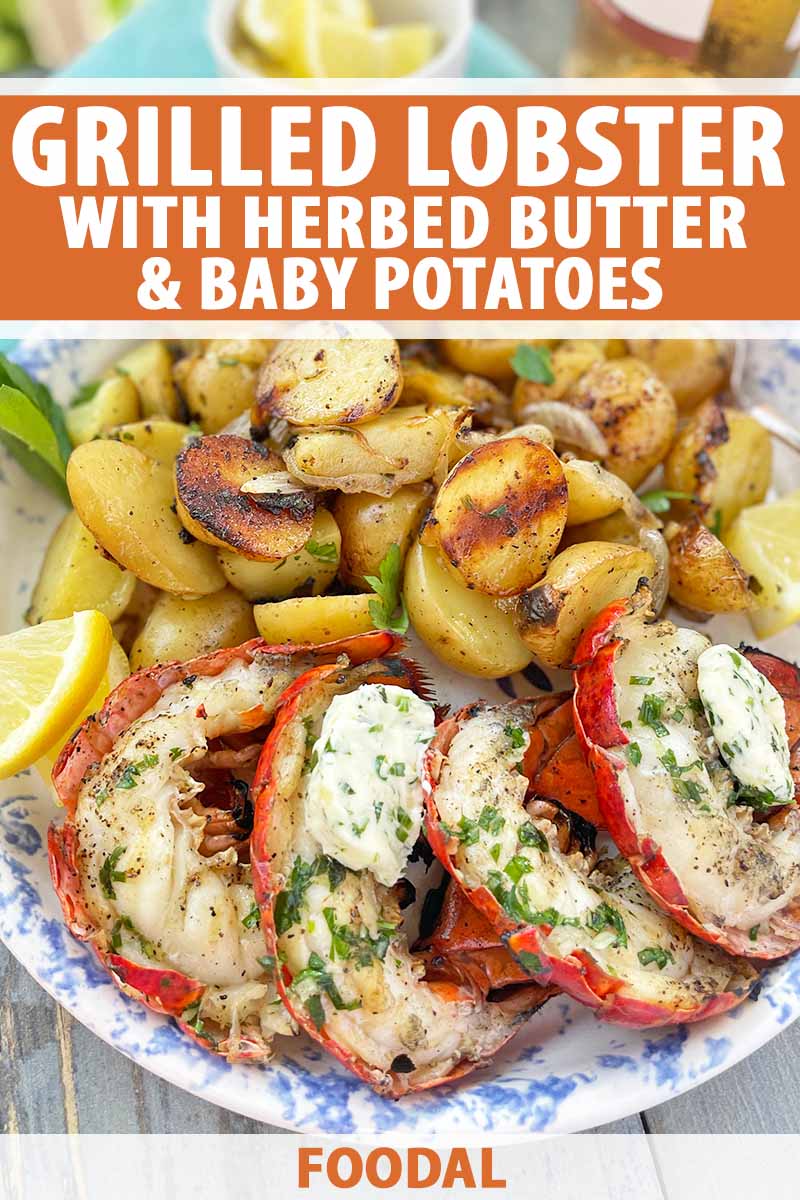 Vertical image of a large plate with cooked shell-on seafood and potatoes, with text on the top and bottom of the image.