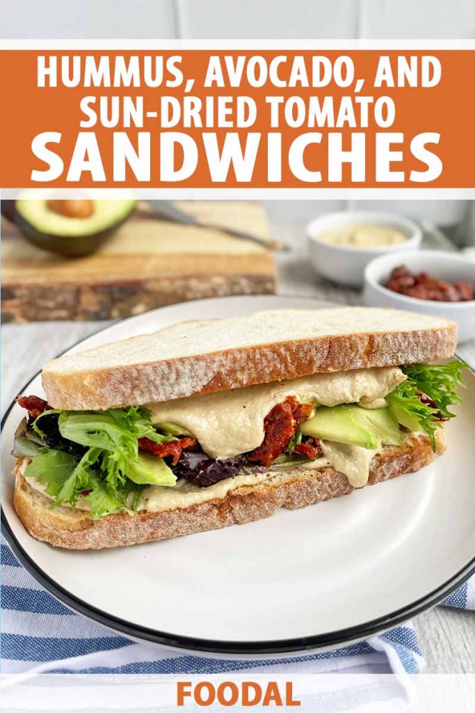 Vertical image of a vegetarian sandwich on a white plate with text on the top and bottom of the image.