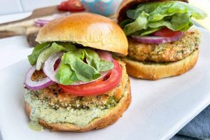 Grilled Salmon Burgers with Green Goddess Dressing
