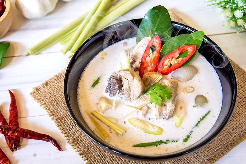 Horizontal image of a cup of soup with white broth and various fresh garnishes on burlap surrounded by scallions and chili.