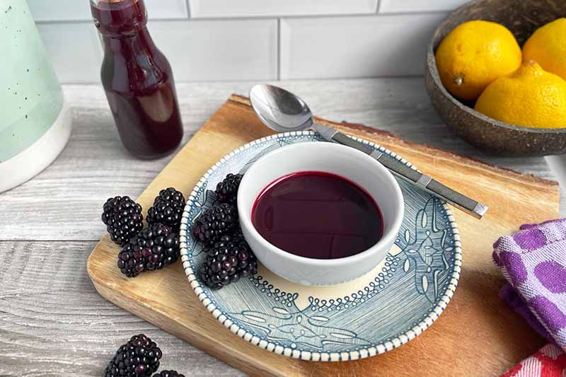 Horizontal image of a white bowl filled with a dark purple syrup on a small plate next to fresh fruit and a metal spoon on top of a wooden cutting board.