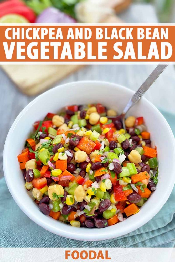 Vertical image of a white bowl filled with an assorted bean and vegetable mixture.