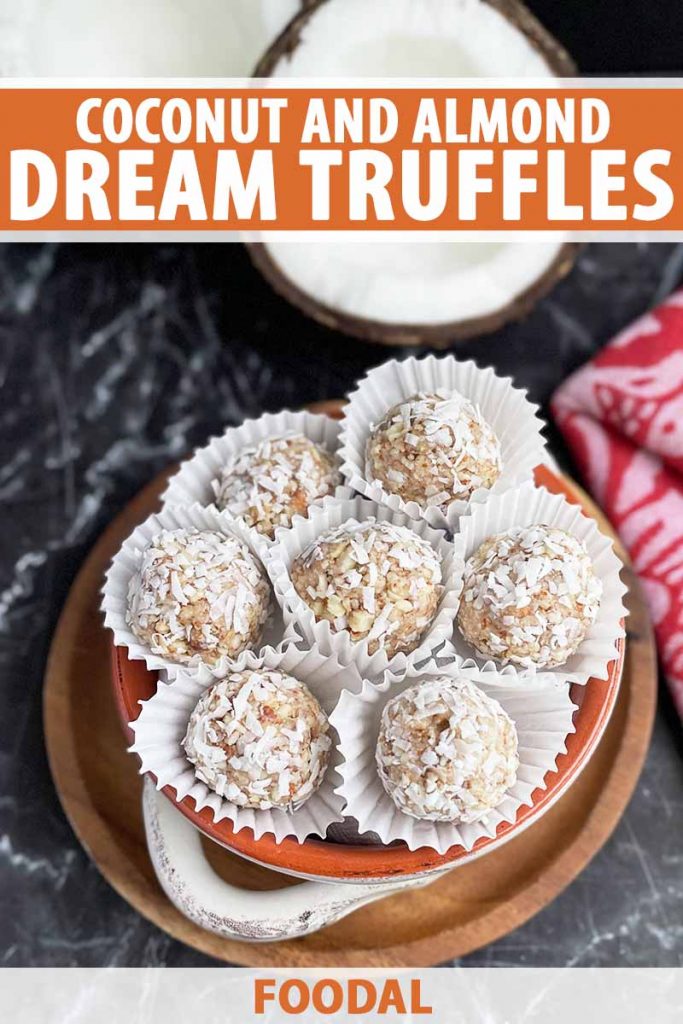 Vertical image of a pile of snack balls in mini muffin liners, with text on the top and bottom of the image.