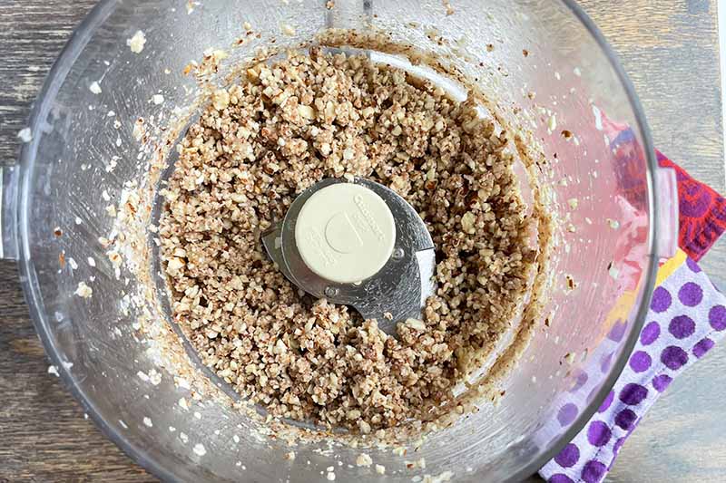 Horizontal image of pulsed dry ingredients in a food processor.