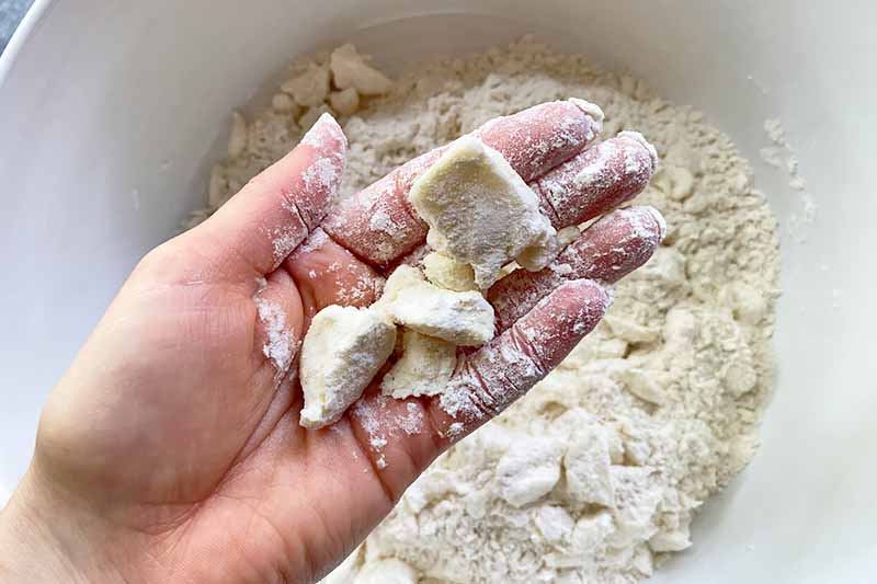 Horizontal image of holding chunks of fat in a flour mixture.