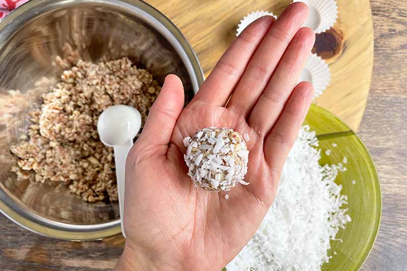 Horizontal image of a hand holding a rolled ball covered in shreds over bowls.