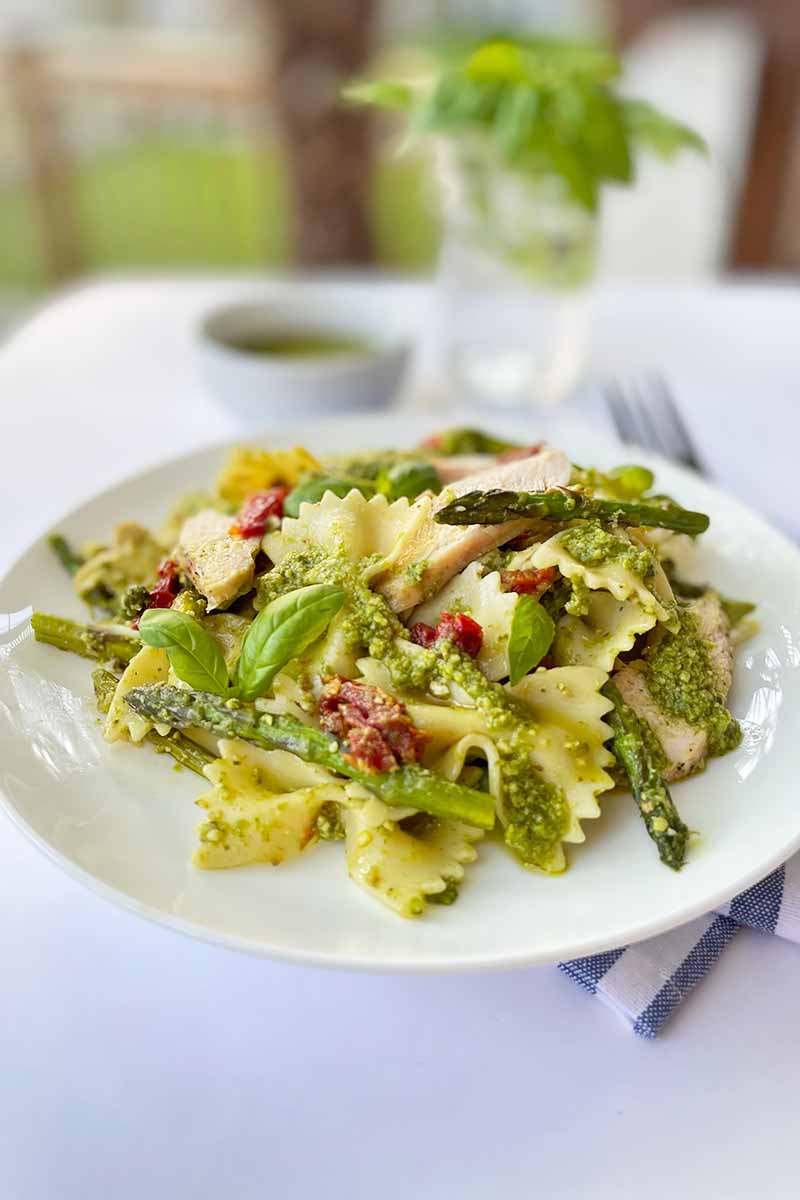 Vertical image of a white dinner plate with farfalle mixed with vegetables in a green sauce on an outdoor table.