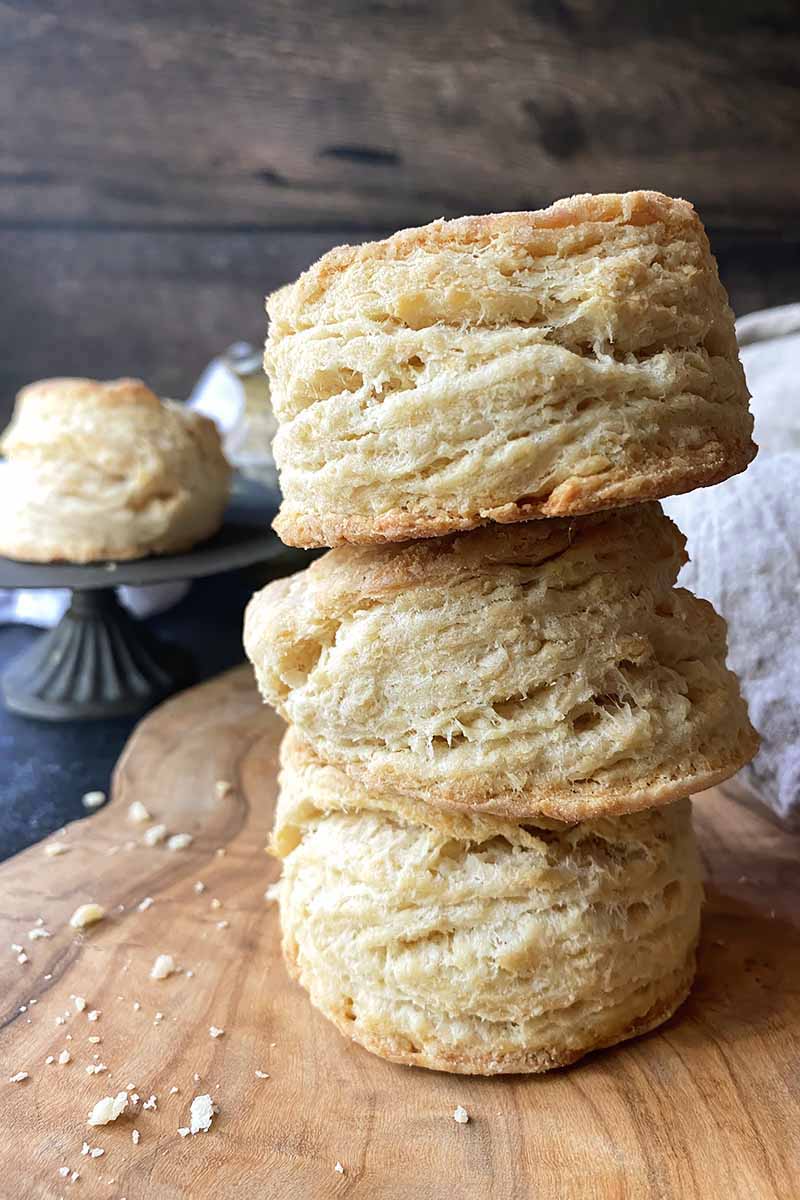 Vertical image of three stacked biscuits.