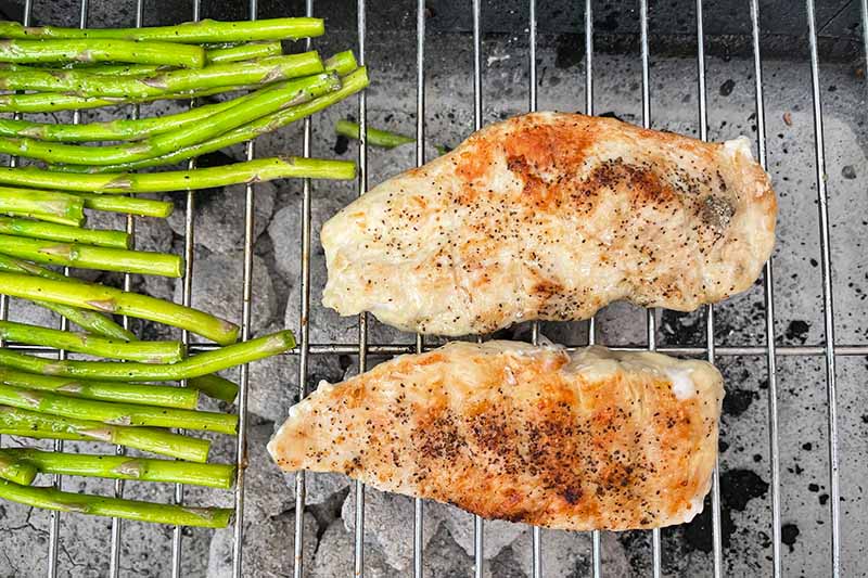 Horizontal image of grilling poultry and green vegetables.