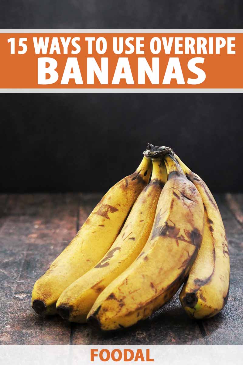 Vertical image of ripe bananas on a wooden surface, with text on the top and bottom of the image.