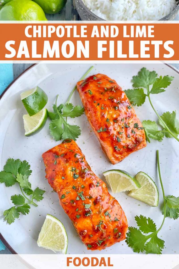 Vertical image of two seafood fillets on a plate with assorted herbs and lime wedges.
