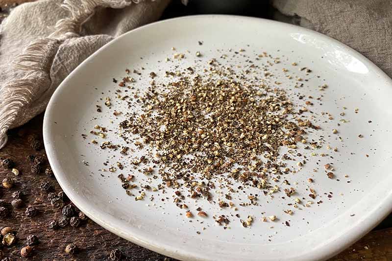 Vertical image of a coarsely ground spice on a white plate.