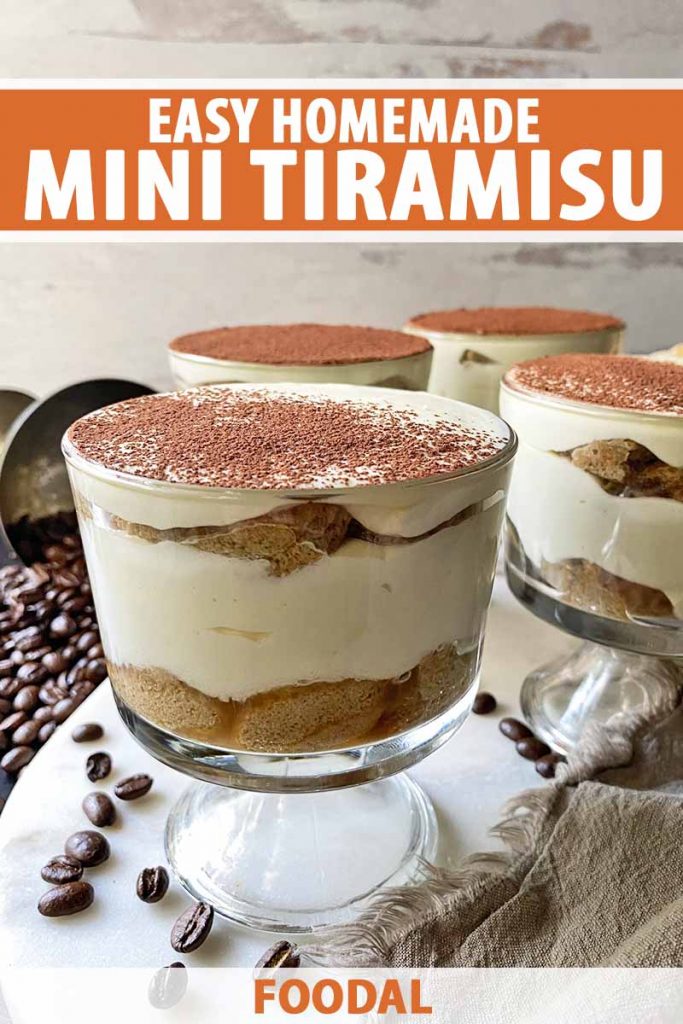 Vertical image of glass trifle bowls filled with cream and cookies next to coffee beans, with text on the top and bottom of the image.