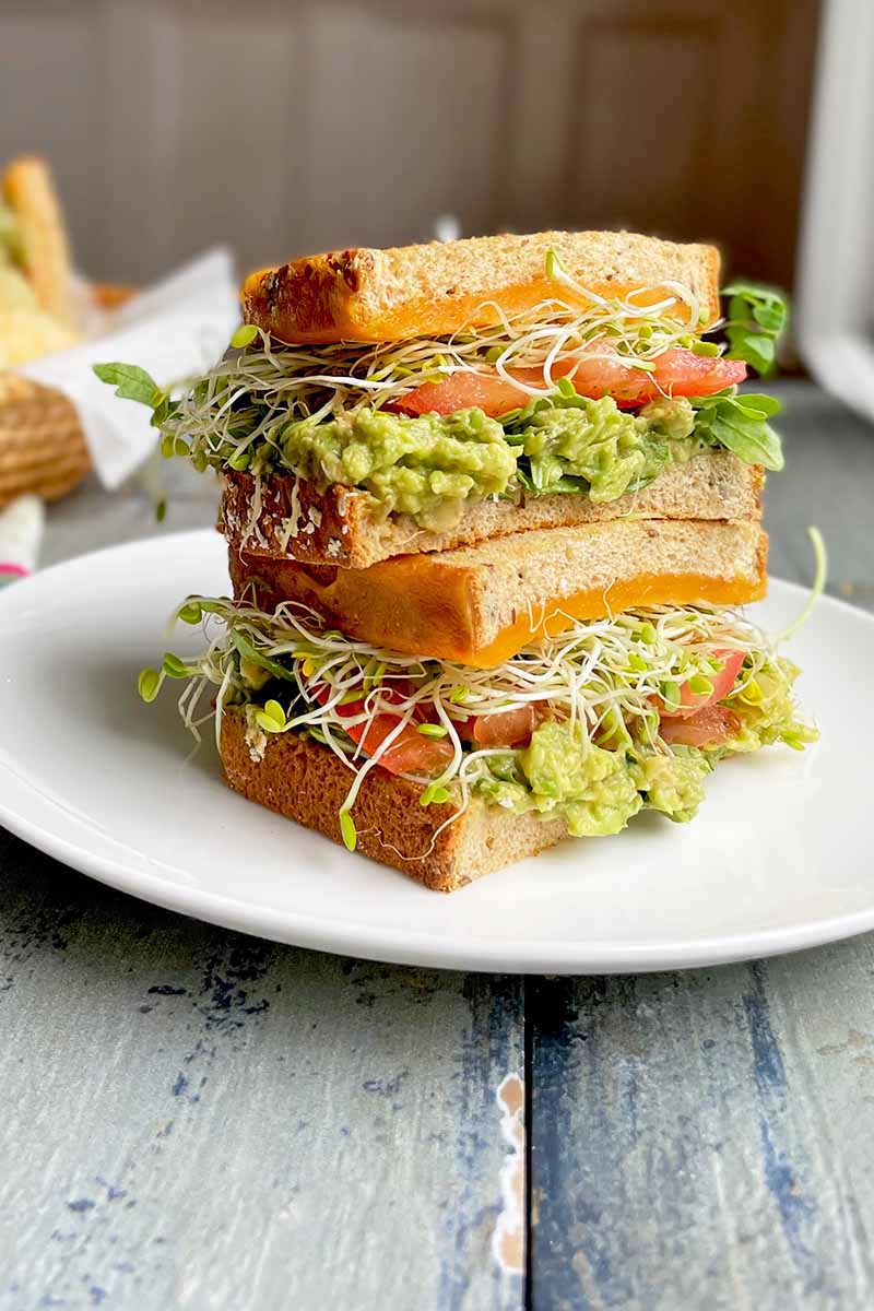 Vertical image of a stacked vegetarian sandwich on a white plate on a wooden table.