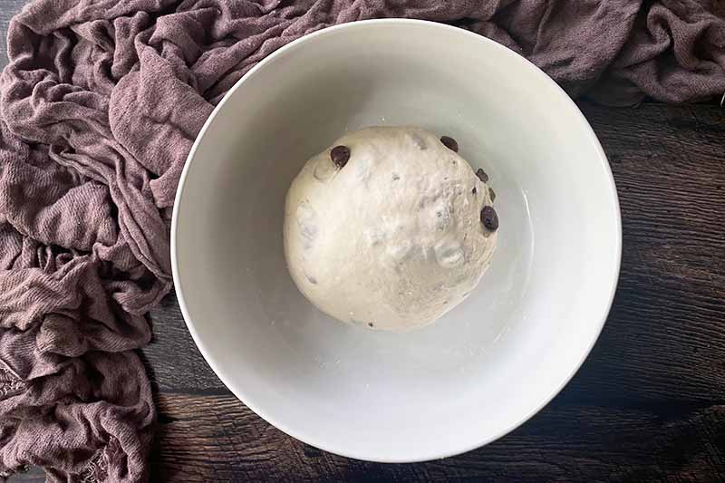 Horizontal image of a flavored mound of dough in a large white bowl.