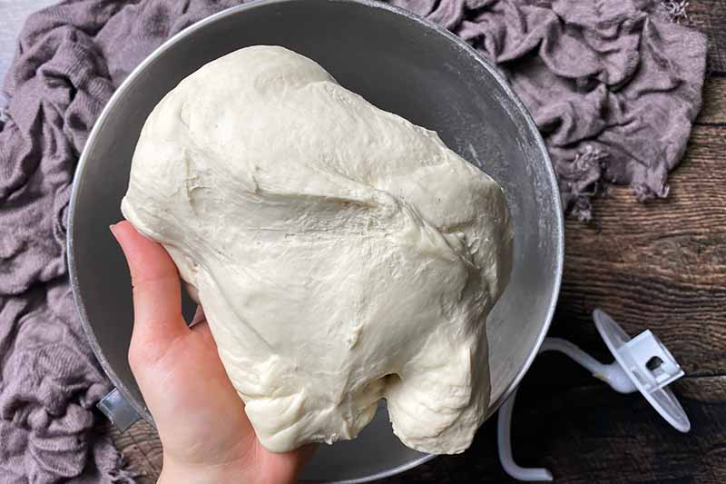 Horizontal image of kneaded dough held by a hand.
