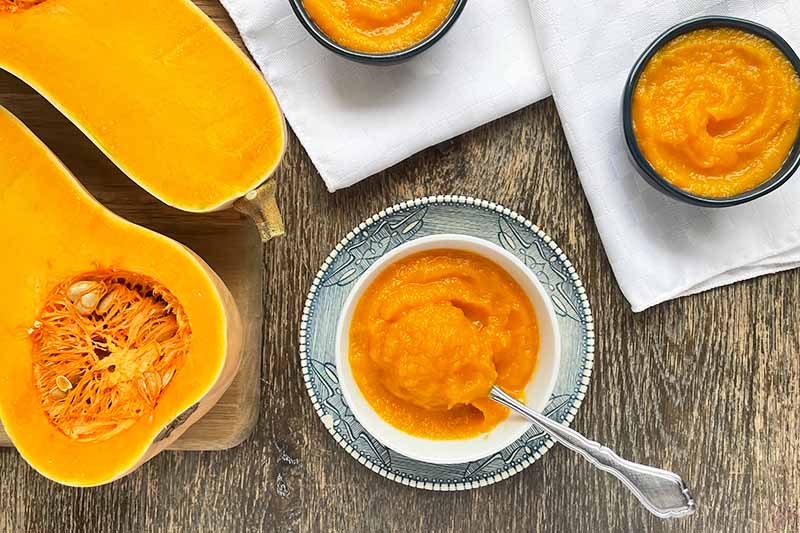 Horizontal top-down image of butternut squash and an orange puree in bowls.