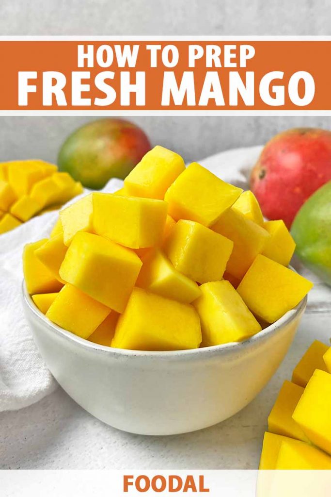 Vertical image of a white bowl filled with cubed fresh mango, with text on the top and bottom of the image.