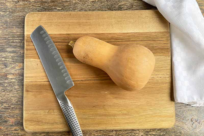 Horizontal image of a chef's knife and a whole squash on a wooden cutting board.