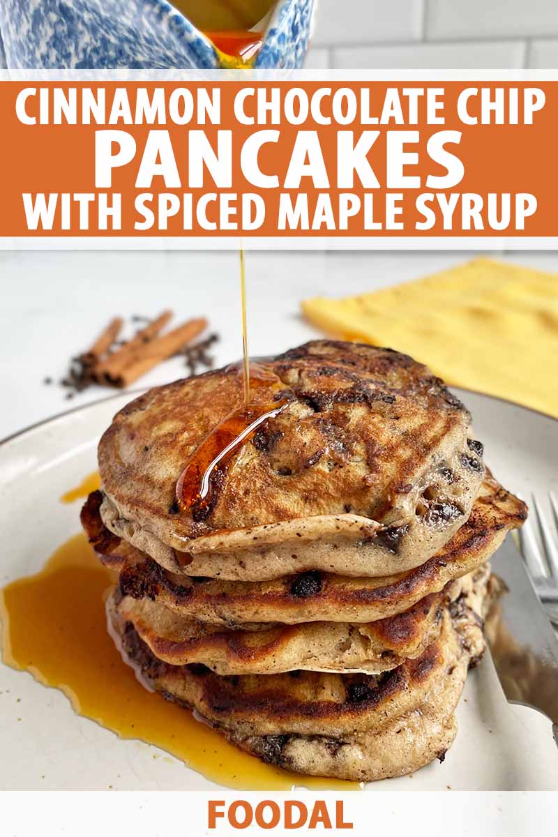 Vertical image of a stack of flapjacks with syrup being poured over them, with text on the top and bottom of the image.
