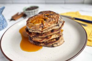 Cinnamon Chocolate Chip Pancakes with Spiced Syrup