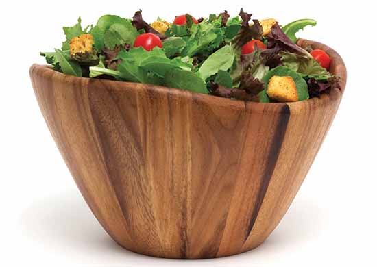 Image of Lipper International Acacia Wave dish with greens and tomatoes.