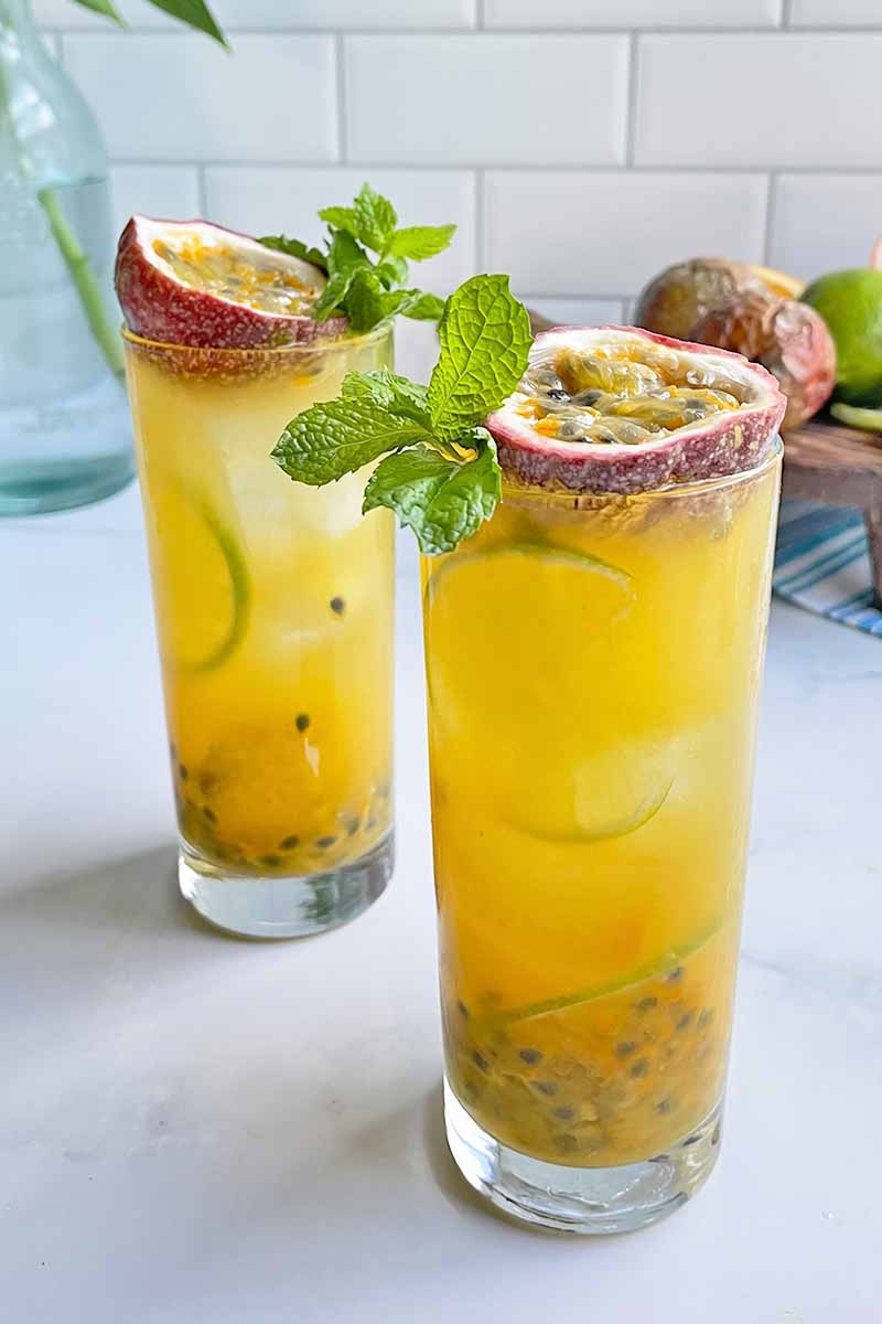 Vertical image of two tall glasses filled with a fruity mocktail with fresh garnishes.