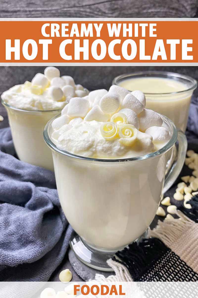 Vertical image of three glass mugs filled with a creamy beverage topped with whipped cream and marshmallows.