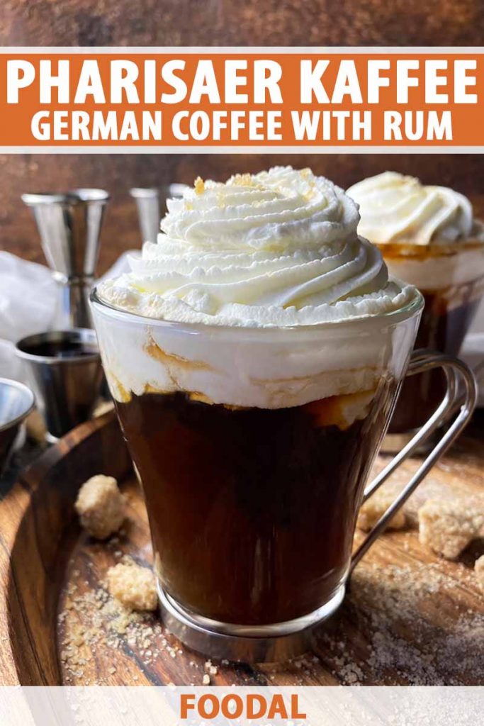 Vertical image of a tall glass filled with a dark drink topped with whipped cream, with text on the top and bottom of the image.