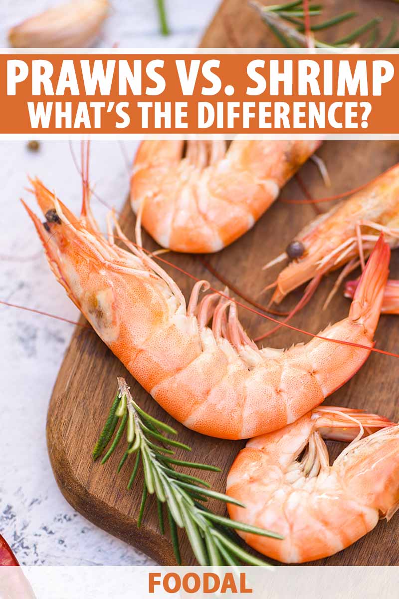 Vertical image of cooked whole prawns on a wooden cutting board next to rosemary, with text on the top and bottom of the image.