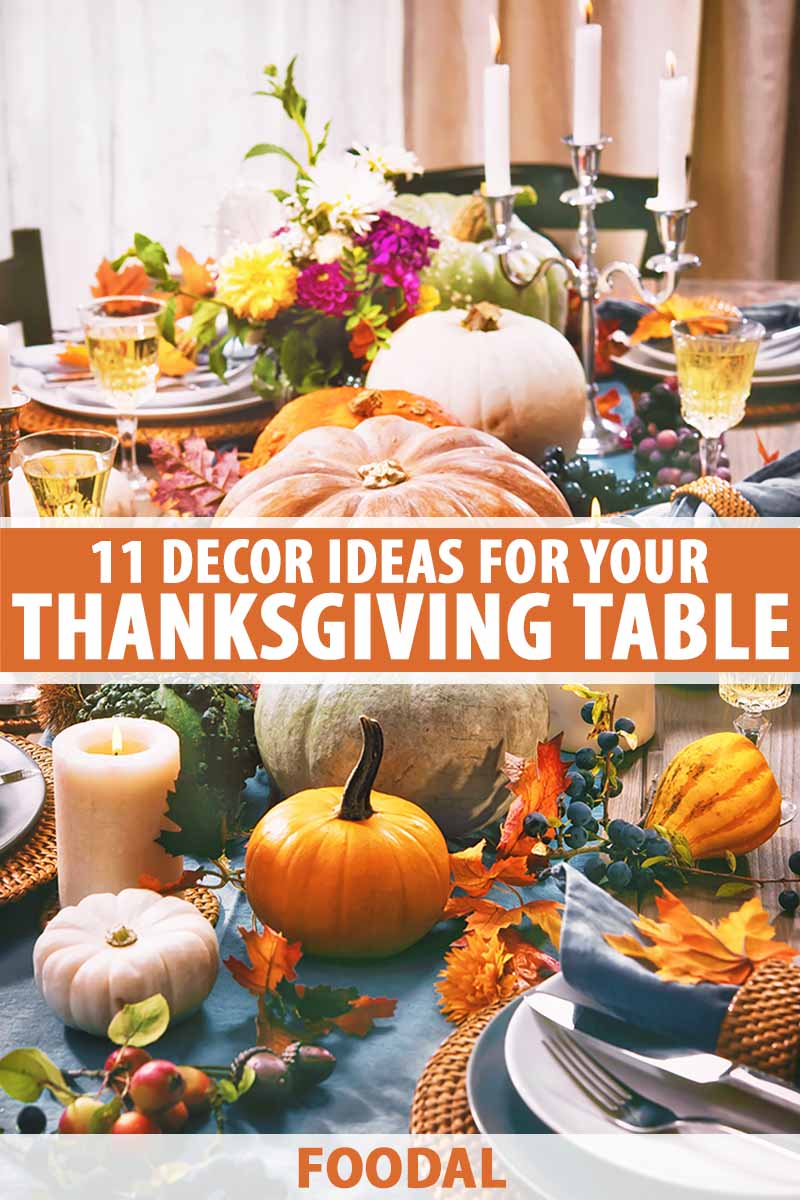 Vertical image of a dining room display with pumpkins, candles, and dinnerware, with text in the middle and on the bottom of the image.