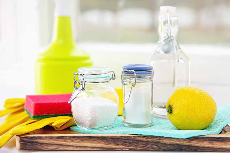 Horizontal image of bottles of baking soda, vinegar, and salt on a wooden cutting board next to a lemon and cleaning supplies.