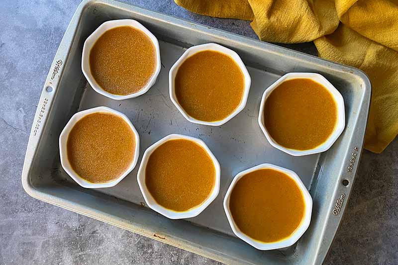 Horizontal image of baked orange-colored mini desserts in white cups in a baking dish.