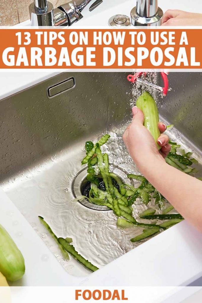 Vertical image of peeling a vegetable over a kitchen sink, with text on the top and bottom of the image.