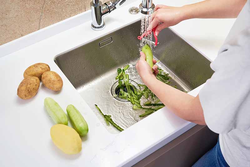 Horizontal image of peeling vegetables over a sink with the running running.
