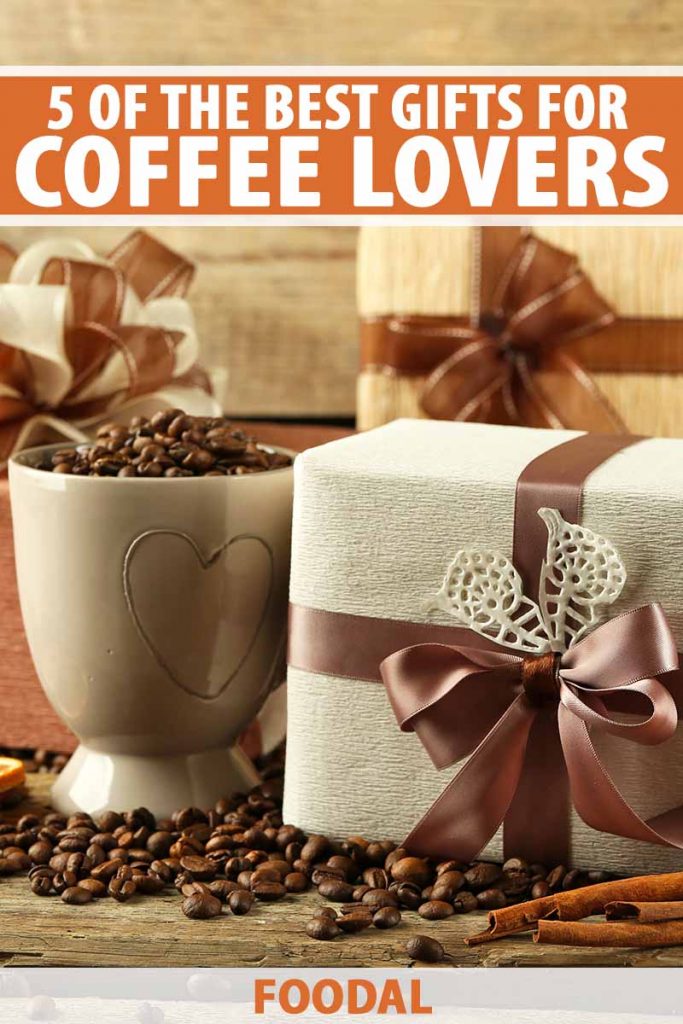 Vertical image of presents next to a mug filled with espresso beans, with text on the top and bottom of the image.