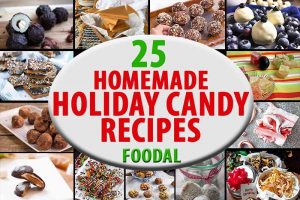 Horizontal image of a collage of assorted holiday candy with text in the center of the image.