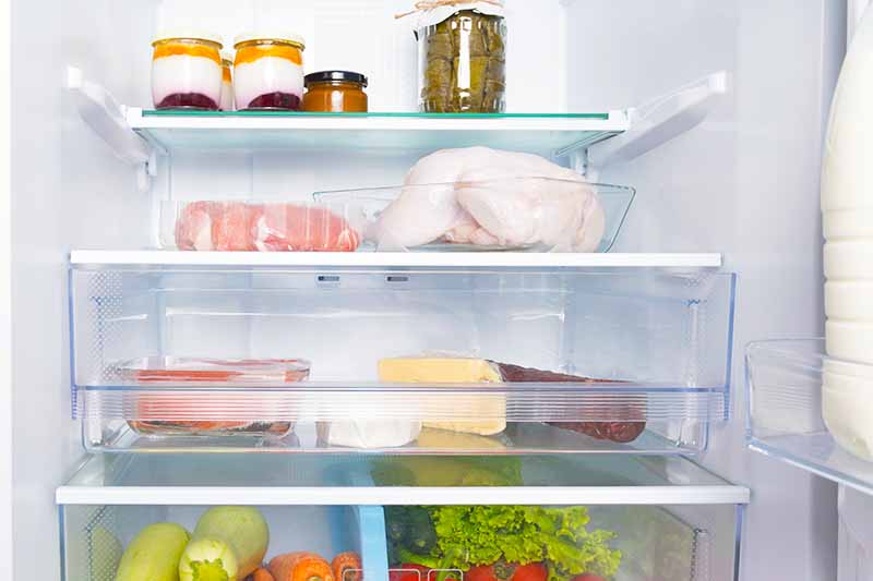 Horizontal image of the shelves of a fridge with assorted food and produce.