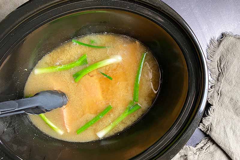 Horizontal image of placing fish in an aromatic broth with scallions.