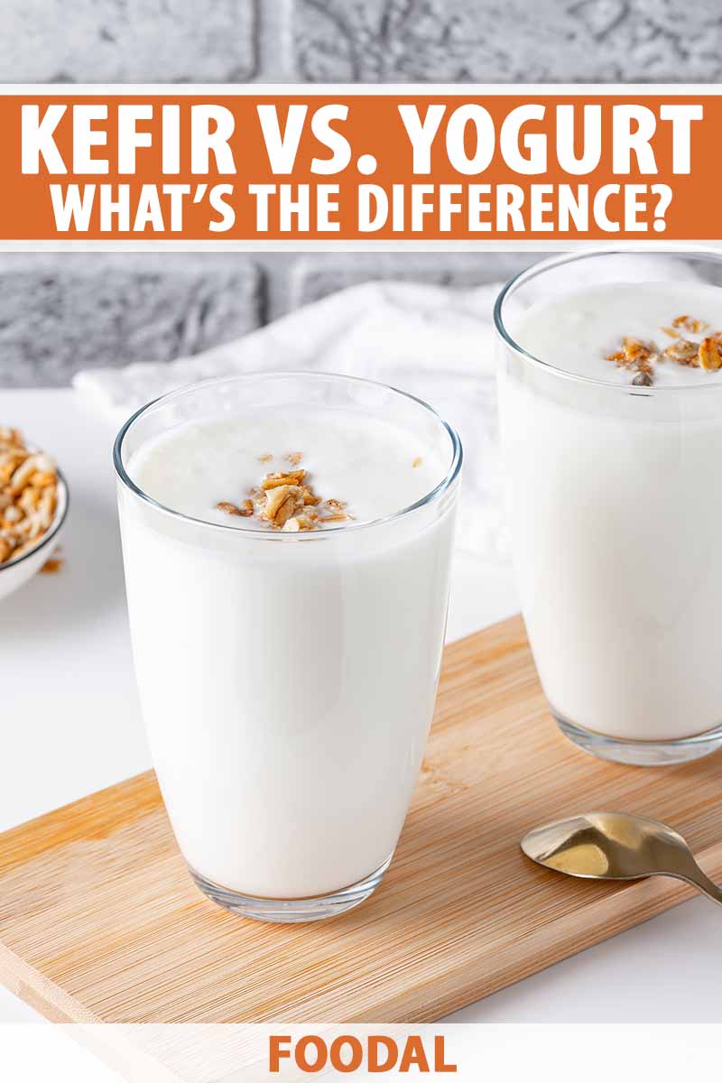 Vertical image of two glasses filled with a thick white beverage topped with granola on a wooden board, with text on the top and bottom of the image.