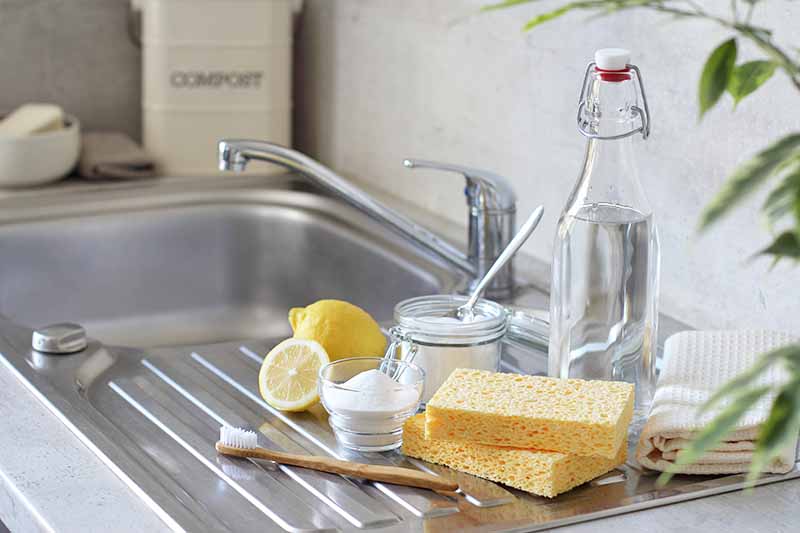 Horizontal image of natural cleaning items on a kitchen sink.